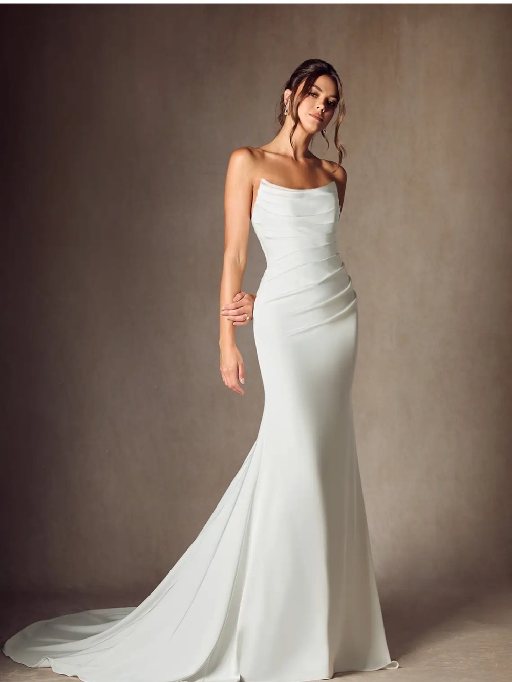Azazie White Strapless Fitted Wedding Gown with Train